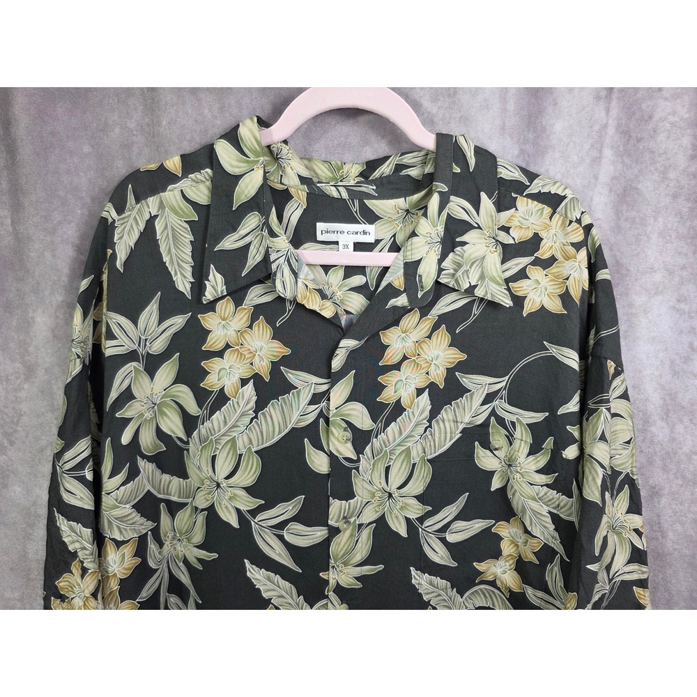Pierre Cardin Mens 3X Tropical Floral Rayon Button Down Shirt Black Sage Green - Picture 2 of 7